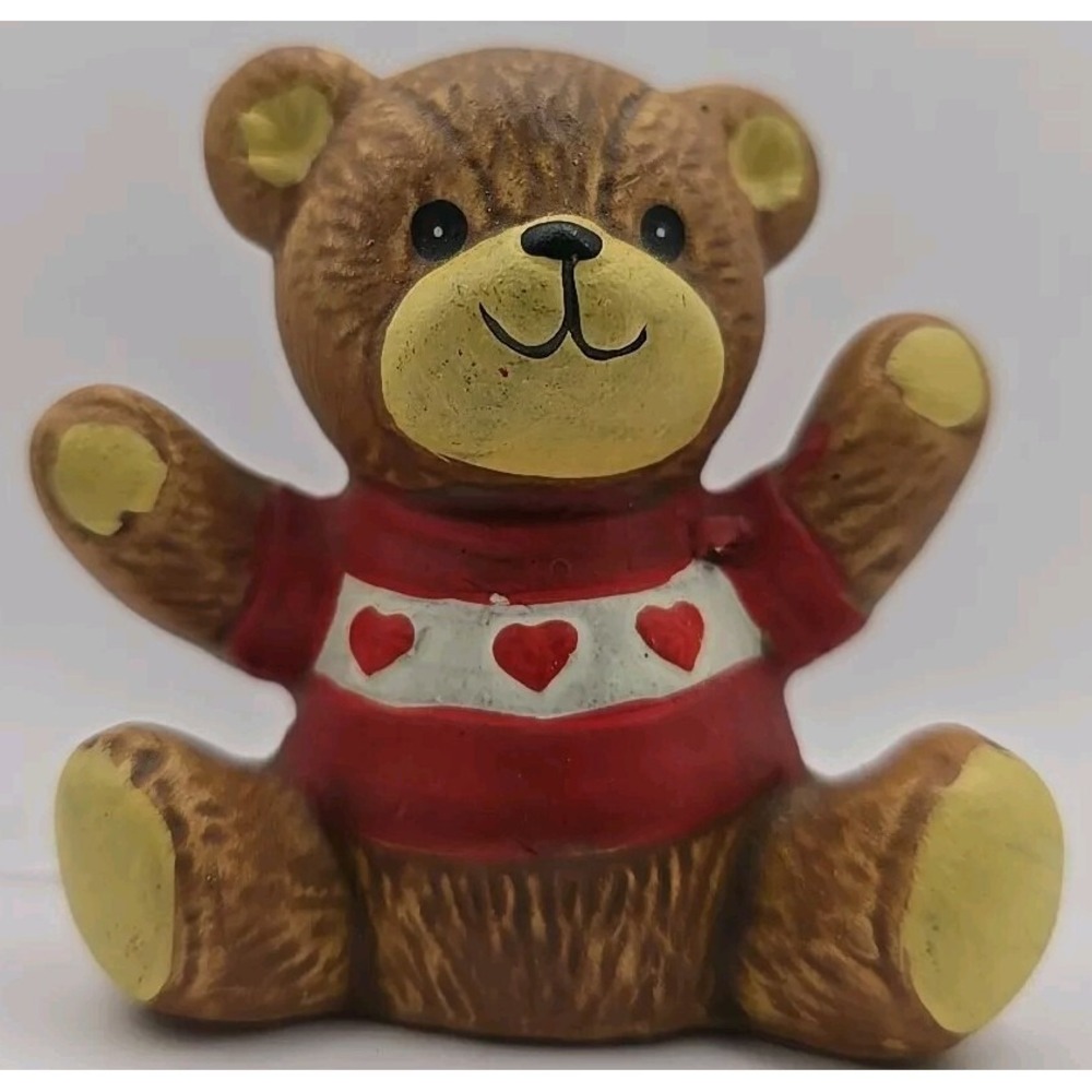 VTG Teddy Bear Porcelain Sharpener Enesco Sitting Red Sweater With Hearts! Cute!